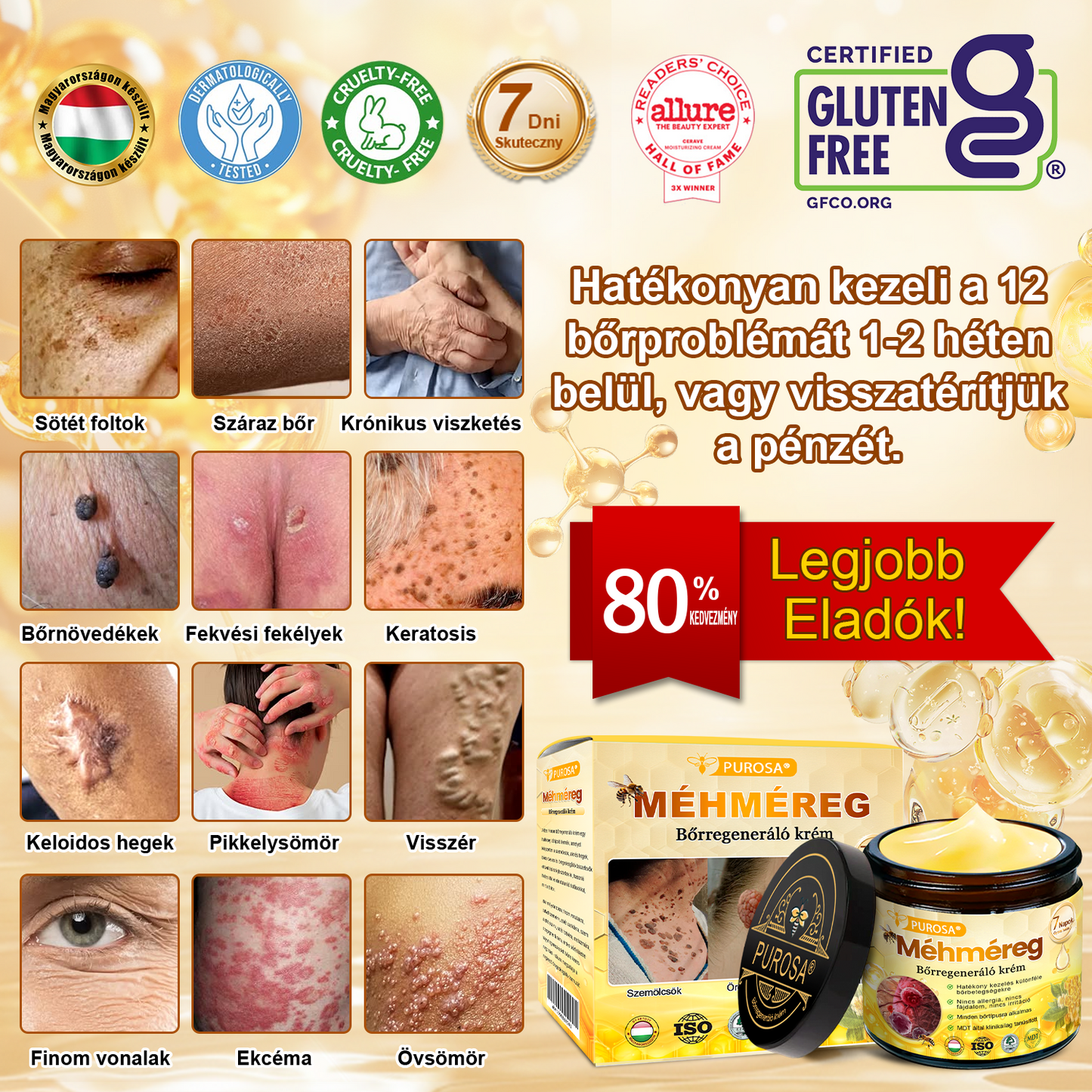 🐝PUROSA® Méhméreg Bőrmegújító Krém|✅Teljes körű megoldás a makacs bőrproblémák, például az öregedés, ekcéma, hegek és pikkelysömör ellen